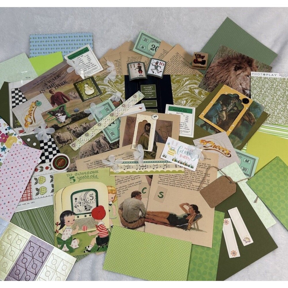 Ephemera Lot Junk Journal Scrapbook Green Theme Mixed Media Art Supply 60+ Items